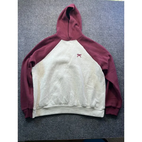 Edikted Womens Burgundy Grey Melange Raglan Bow Embroidered Fleece Hoodie XS - Image 3