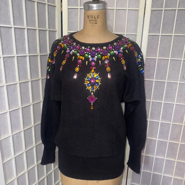 Vintage Beaded Jewel Black Sweater 80s 90s Glam Maximalist Statement Artsy Small - Image 16
