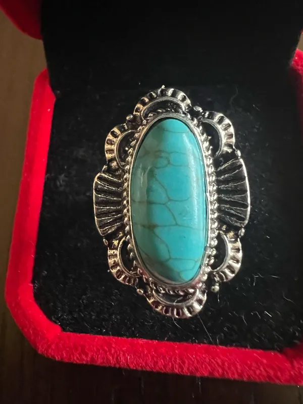 Boho Turquoise Oval Shape Gemstone Boho Statement Ring Size 6 Blue - Image 2