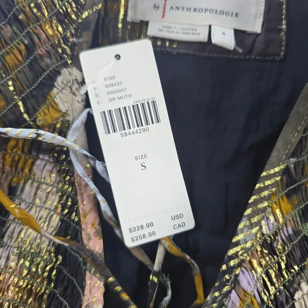 Anthropologie NWT Blair Maxi Dress Long Sleeve Smocked Gold‎ Metallic Detail S - Image 8