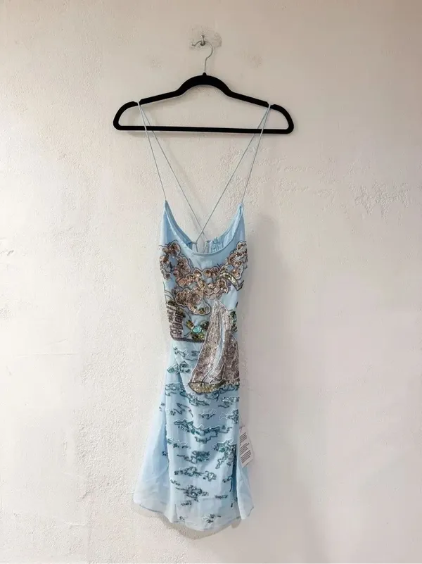 NEW Asos Design Sequin Boat Mini Slip Dress in Blue Size 2 - Image 2