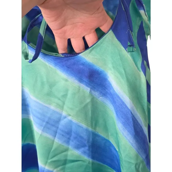 Nasty Gal Satin‎ Maxi Dress Size 2 Blue Green Stripe Abstract Tie Back - Image 7