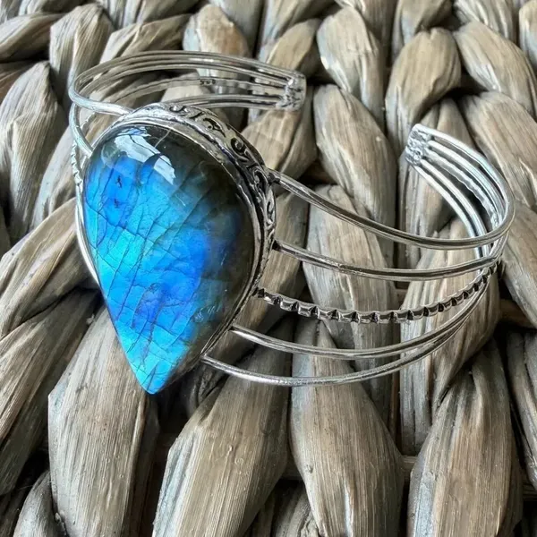 Large Labradorite Cuff Bracelet Silver Plated Blue Flash Adjustable - Image 3