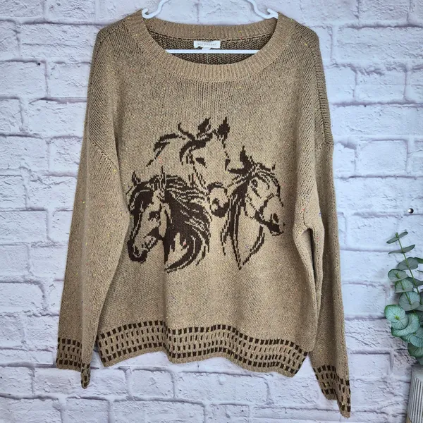 NWT Blu Pepper Horse Knit Sweater L Oversized Western Boho Equestrian Flecked - Image 2