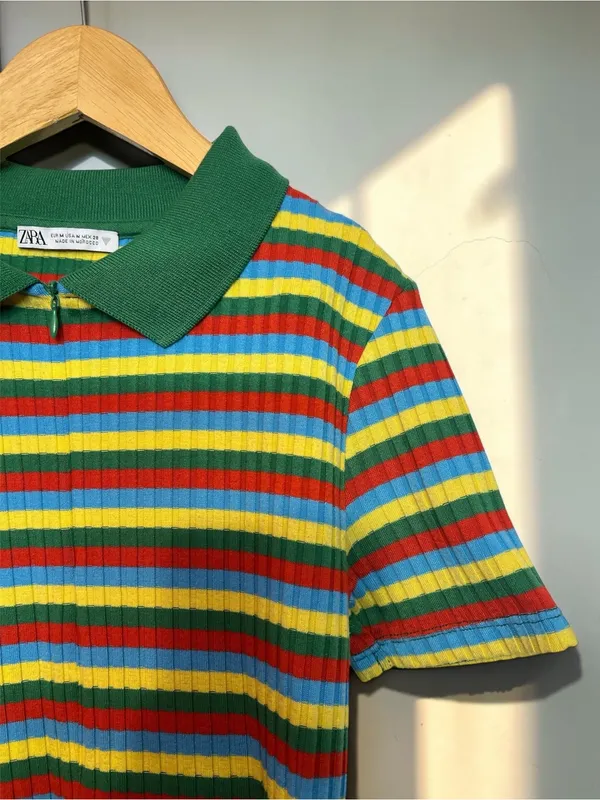 ZARA Multi-Colored Striped Ribbed Knit Polo Zip-Up Shirt Size M - Image 4