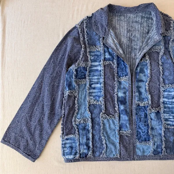 Handmade Patchwork Jacket Women L Blue Quilted Rag Style Artisan Boho Chore Coat - Image 5
