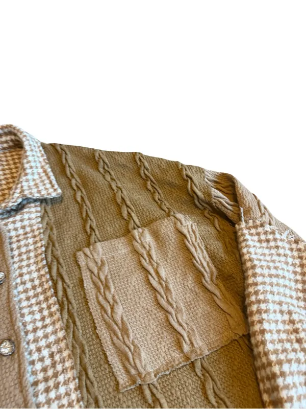 POL Pieced Houndstooth Panel Shacket Mocha Multi Patch Relaxed Fit Size Large - Image 6