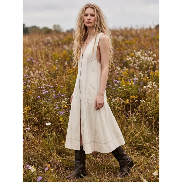 Free People Santino Denim Zip Front Midi Dress in Ecru Medium Minimalist - Image 7
