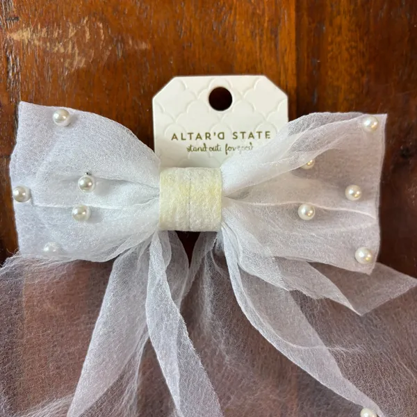 Altar'd State White Sheer Mesh Pearl Hair Bow Barrette Long Tail Bridal Coquette - Image 3