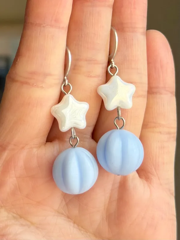 Handmade Czech glass beads fairy cottage whimsical dangle earrings🌟🩵 - Image 5