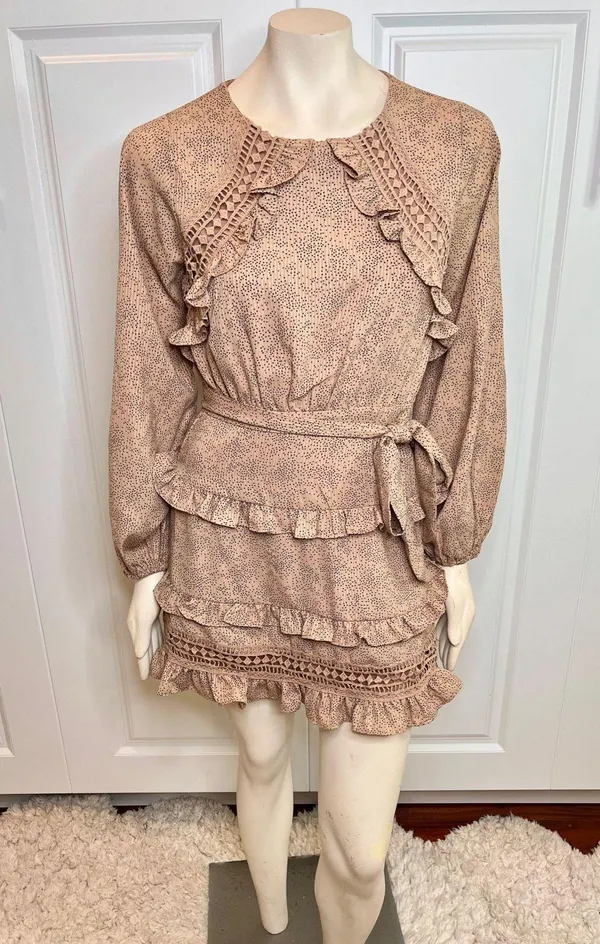 Lulu’s Kiss Me Goodnight Tan Polka Dot Ruffled Long Sleeve Mini Dress - Image 14