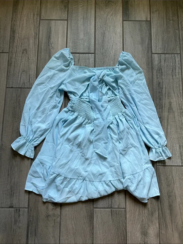 Light Blue Puff-Sleeve Mini Dress with Waist Sash - Image 6