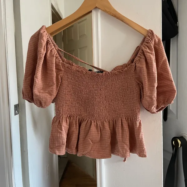 Forever 21 Burnt Orange Gingham Puff Sleeve Ruched Top - Image 2