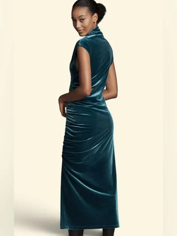 ANTHROPOLOGIE The Maya Stretch Velvet Cowl-Neck Em Teal Velvet Ruched Dress S XL - Image 3