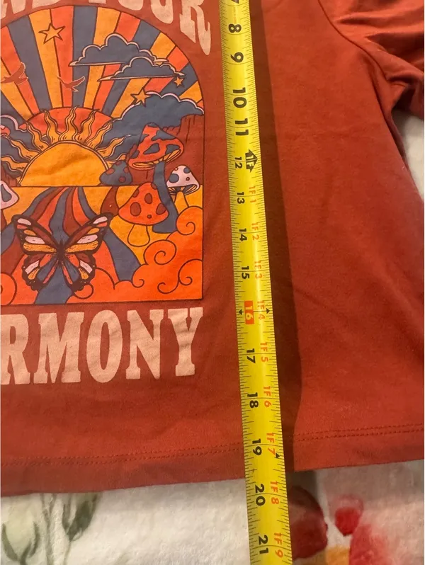 Self Esteem Boho-style retro graphic crop top featuring the text "Find Your Harmony" Size L - Image 5
