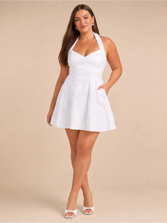 NEW Lulus Bonni White Floral Jacquard Halter Mini Dress Sz XL - Image 3