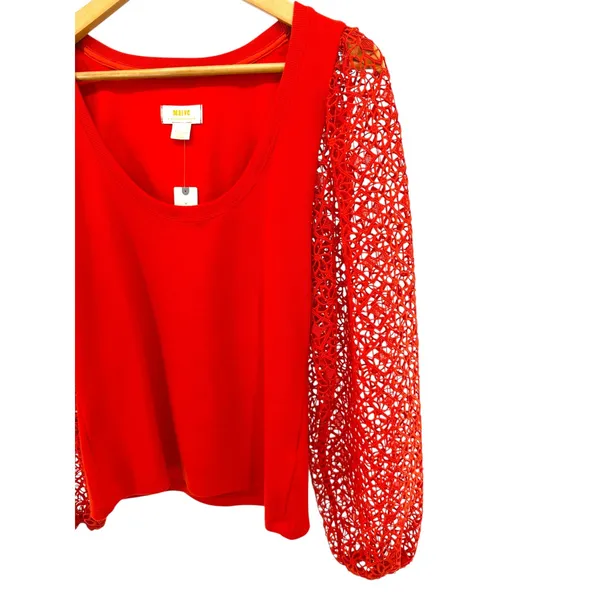 Maeve Anthropologie Red Knit Top Lace Crochet Balloon Sleeves Modern‎ Chic M - Image 2