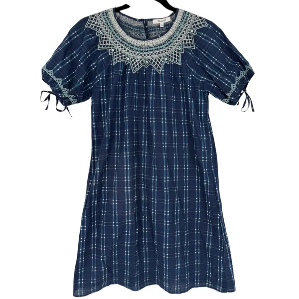 NWT Madewell Embroidered Puff-Sleeve Babydoll Dress Indigo Plaid Size XS Preppy‎ - Image 5