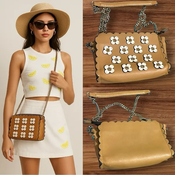 257 Zara | EUC Tan Floral Applique Crossbody Bag (9”x6”x2,5”) - Image 3