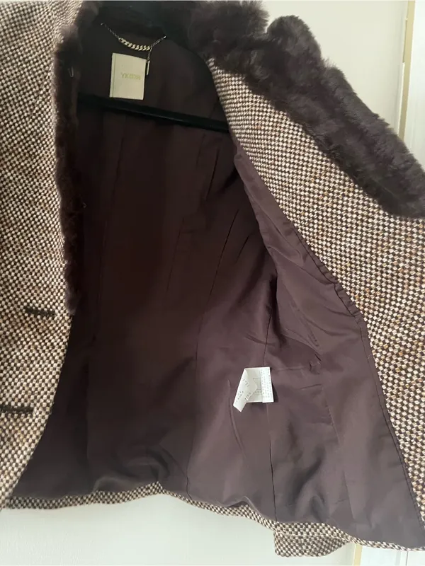Brown Wool Tweed Blazer Fur Collar Medium Preppy Academia Equestrian Old Money - Image 6