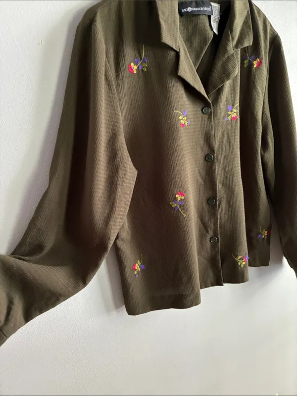 Vintage 90s Sag Harbor Olive Green Embroidered Floral Blouse L XL - Image 3