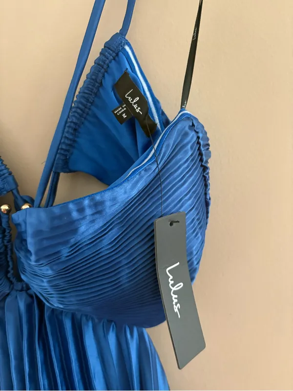 Lulus Aerin Blue Satin Pleated Cutout Midi Dress Size Medium Sleeveless Cocktail - Image 7