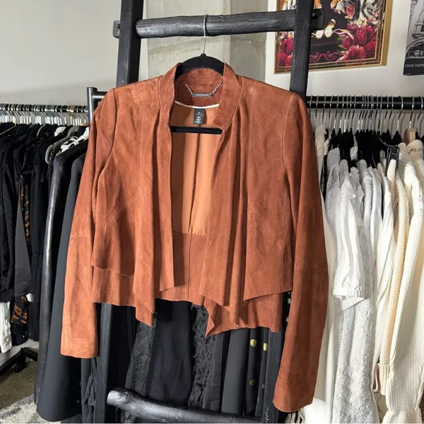 White House Black Market XS Rich Mahogany 100% Suede Cascade Lapel Jacket - Image 2