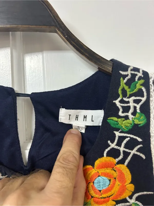 THML Navy Bodice Floral Embroidered Mini Dress with Striped Skirt - Image 2