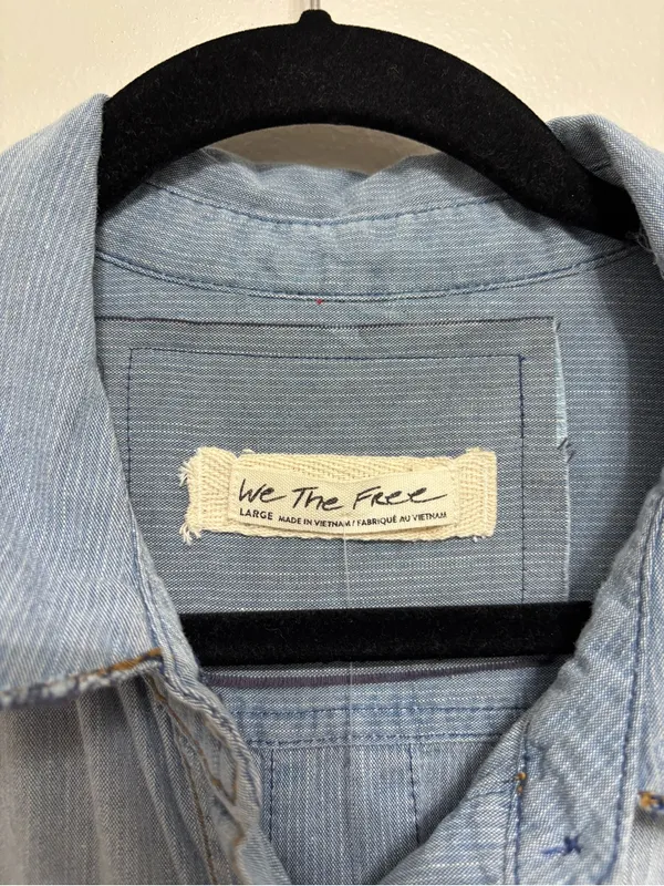 Free People NEW We The Free Chambray Denim Button Front Loose Mini Shirt Dress - Size L - Image 3