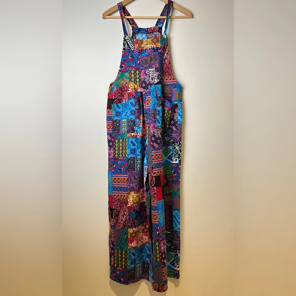 Incredible Retro Boho Multicolor Dopamine Dressing Patchwork 1970s Overalls Red Size M - Image 2