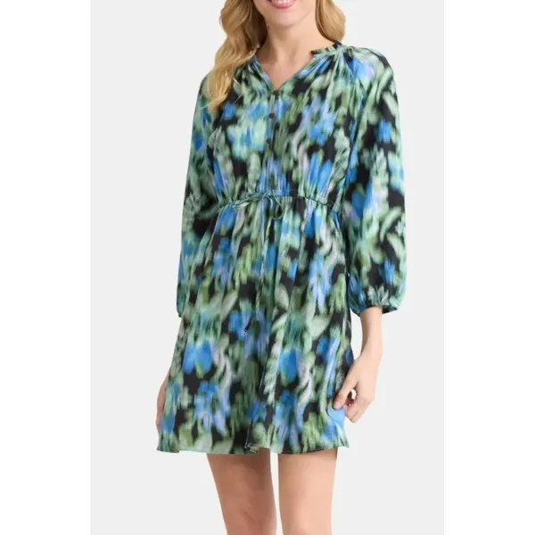 Time and Tru Womens Mini Dress Sz M Floral Ikat Black Ruffle Neck Boho Vacation - Image 2