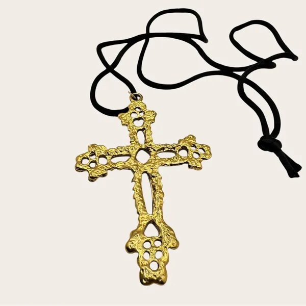 Gold Gothic Cross Pendant Necklace on Black Cord | Adjustable Statement Necklace - Image 3