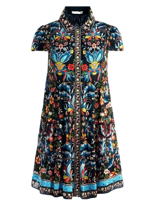 Alice + Olivia‎ Meeko Embroidered Tiered Floral Print Crepe Mini Shirt Dress 4 - Image 4