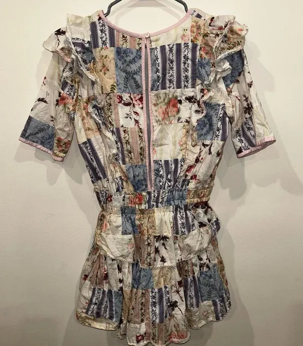 Loveshackfancy Pink and Floral Cotton Patchwork Natasha Ruffle Mini Dress medium - Image 6