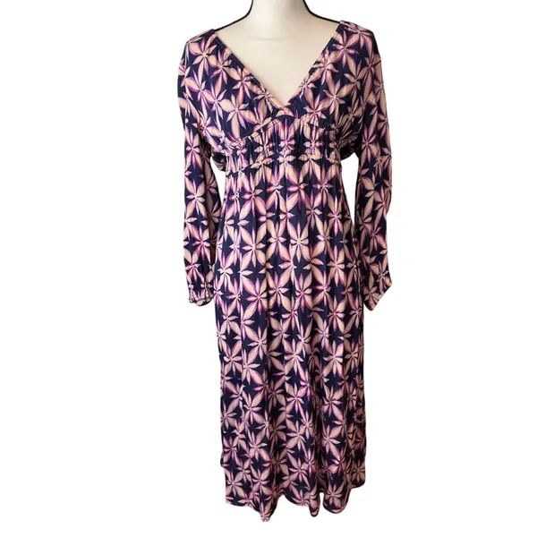 Electric & Rose Purple Geometric Floral V-Neck Smocked Maxi Dress Pockets L - Image 8
