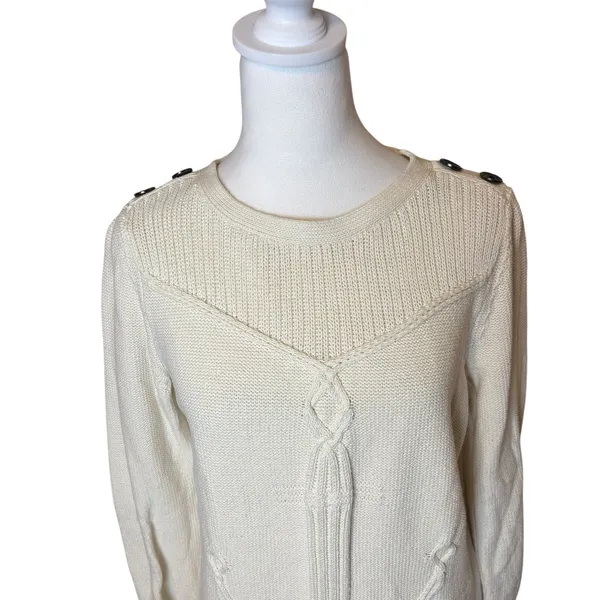 Talbots Cream Cable Ribbed-Yoke‎ Sweater Large Petite Anchor Coastal Nautical - Image 3