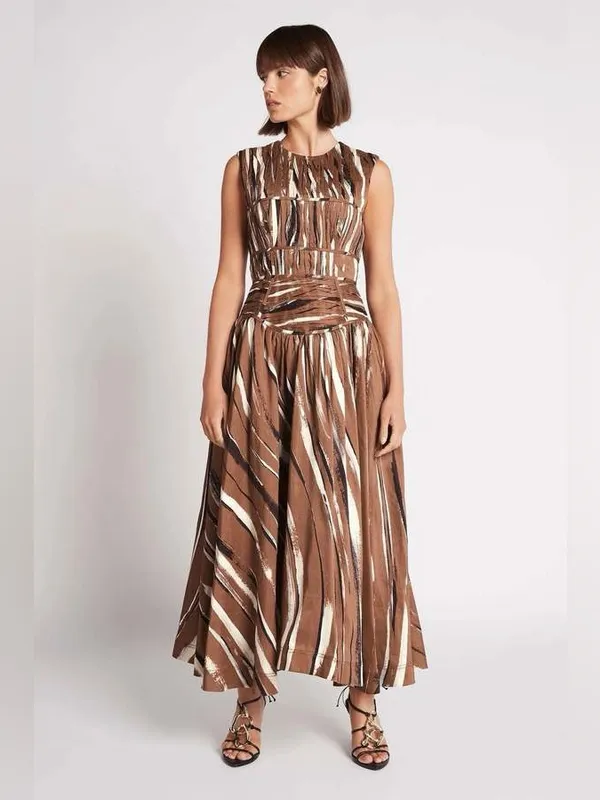 NEW Aje Gabrielle Stripe Pleated Linen Blend Midi Dress brown black small (8) - Image 5