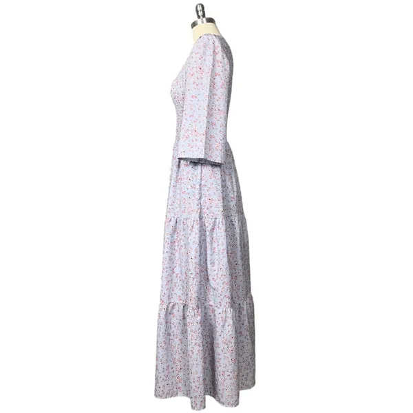 Melloday Baby Blue & Pink Smocked Bodice Tiered Floral Print Maxi Dress M - Image 5