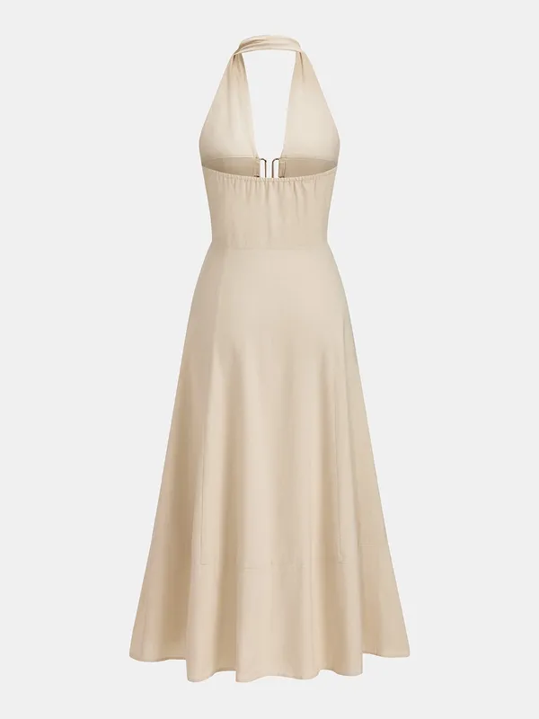 Commense Cut-Out Linen Blend Halter Maxi Dress Khaki Beige Small NWT - Image 3