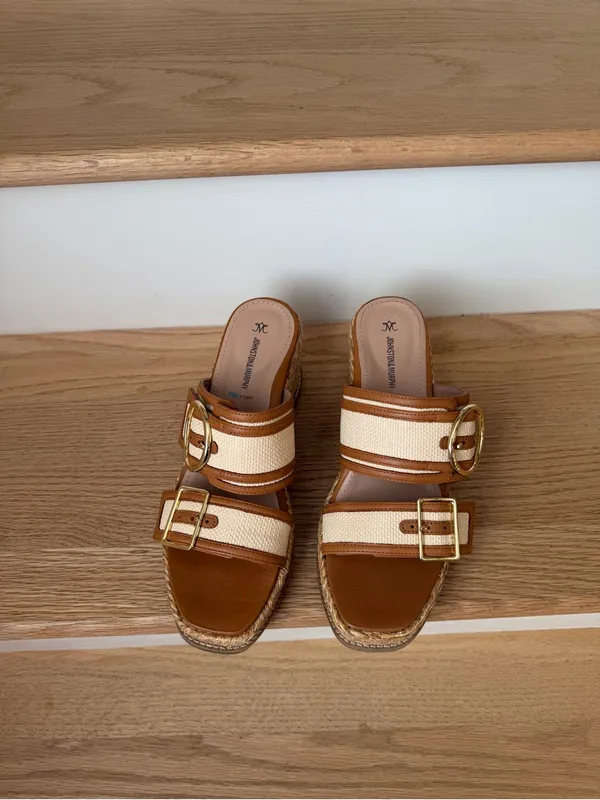 Wedge Slide Sandal in Tan and Cream with Buckle - Image 3