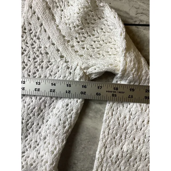 Knitted by Anthropologie White Open Knit Ruffle Hem Cardigan Sweater Tie Back M - Image 4