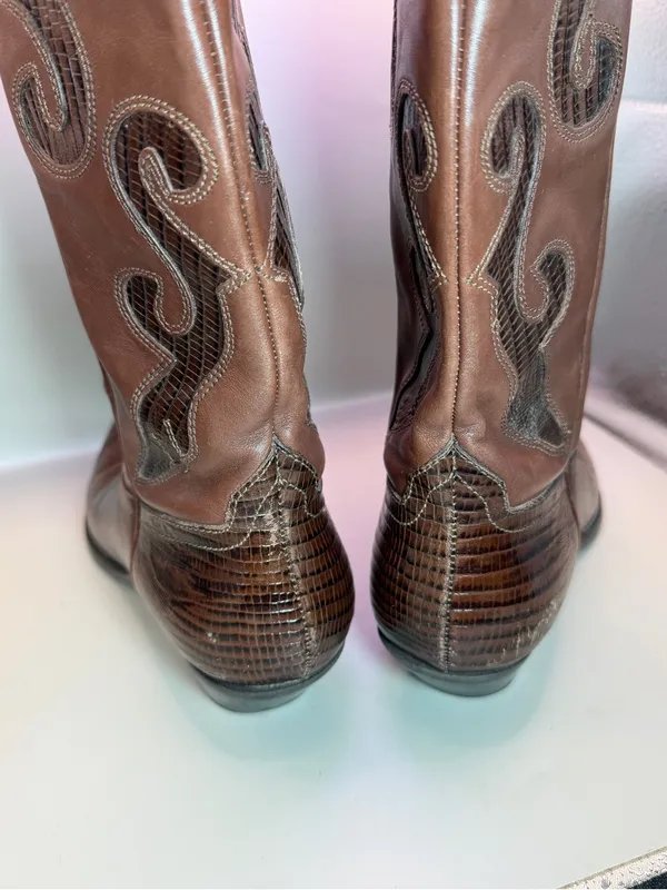 Nine West Romnee Brown Lizard Leather Cowboy Boots Sz 8 Made Brazil - Image 9