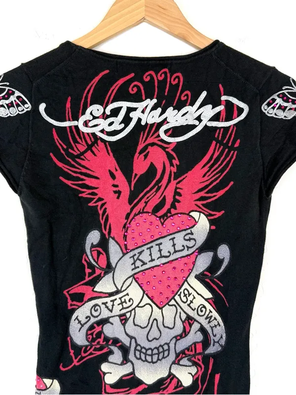 VINTAGE Y2K Ed Hardy AOP Embellished Love Kills Slowly Skull Butterfly Tee - Image 6