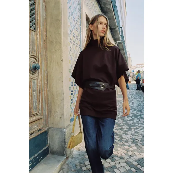 Zara Brown Mock Neck Short-Sleeve Top/Dress Size Medium Tunic Minimalist - Image 3