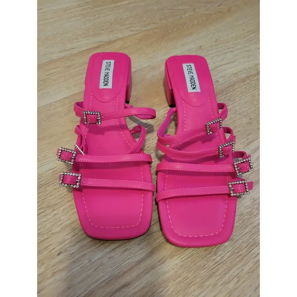 New womens sz 7 Steve Madden pink African slide sandals Y2K rhinestone short - Image 4