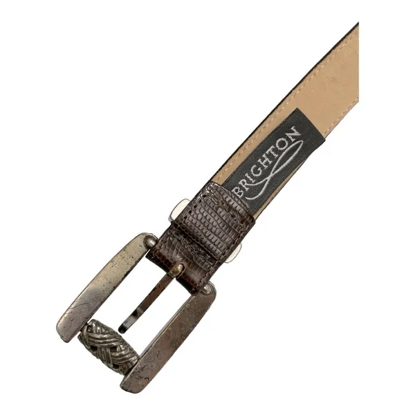 Brighton Brown Texture Leather Silver Tone Basket Weave Buckle Women's Belt Sz M - Image 7