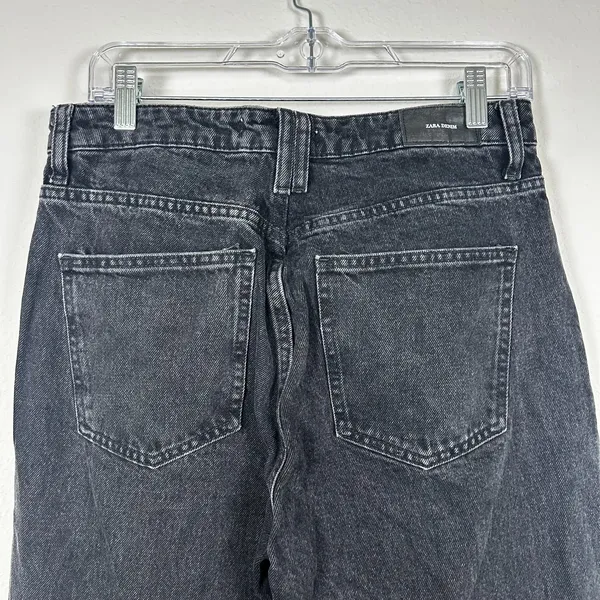 ZARA Acid-Wash black denim high-waist straight leg raw hem jeans Size 8 US‎ - Image 5