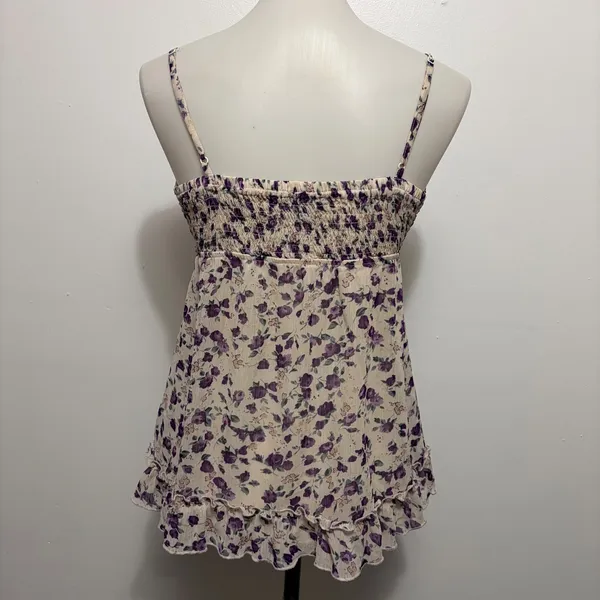 Express Floral Camisole Medium Purple Ruffle Fringe Smocked Babydoll Top Fairy - Image 5