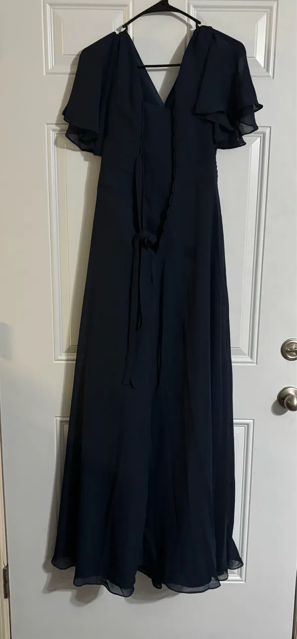 Navy blue chiffon maxi dress with flutter sleeves, v-neckline, and ruffled bodice #formal #weddingguest #paddedbra - Image 3