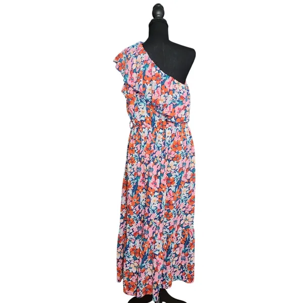 BTFBM‎ Floral One Shoulder Maxi Dress Pink Orange Ruffle Tiered Tropical Bobo L - Image 2